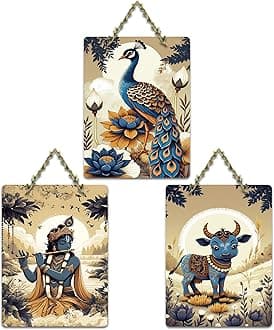 Artvibes Divine Shri Krishna Wall Art Set With Peacock And Cow Home Wooden Wall Hanger for Home | Spiritual Decor Items | Wall Illustrations | Artwork | Painting | Gift Items (WH_9627N), Set of 3