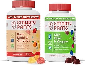 Kids Multivitamin + Fiber & Veggie Bundle: Omega 3 Fish Oil, Prebiotic Fiber, Gluten-Free, Three Fruit & Mixed Berry Flavors, Multi & Omegas (120 Count) + Fiber & Veggies (60 Count)