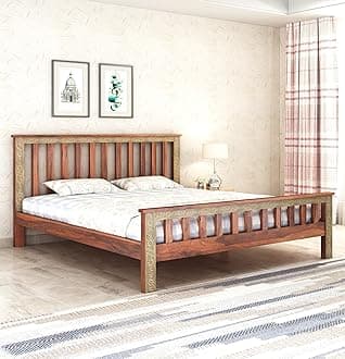 Wooden Queen Size Bed Without Storage | Traditional Double Bed Cot Bed with Brass Work for Bedroom & Hotel | Palang/Platform Bed | Sheesham Wood | Honey | Recommended Mattress Size: 78 X 60 X 6