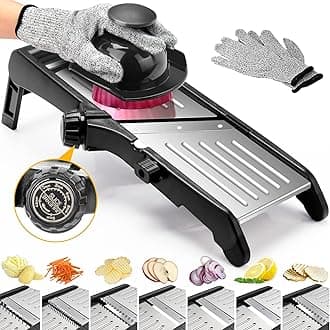 Mandoline Vegetable Slicer, 7 in 1 Stainless Steel Vegetable Cutter, Adjustable Mandoline Food Slicer for Potato, Onion, Cucumber, Cabbage, Included Gloves, Food Pusher and Cleaning Brush
