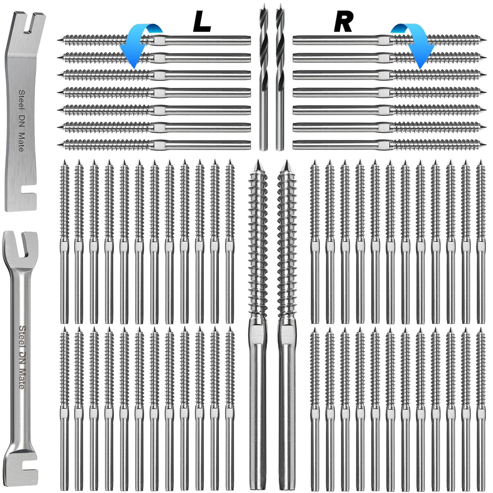 Steel DN Mate 100 Pack T316 Stainless Steel Right&Left Handed Thread Swage Lag Screws for Wood Post of 1/8" Steel Cable Railing Kit, Cable Railing Hardware, DIY Deck Railings, Wrench Include-DM50