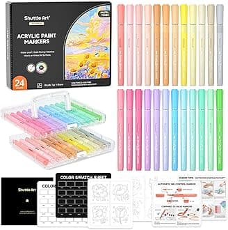 Shuttle Art Automatic Ink Control Acrylic Paint Pens, 24 Pastel Colours Brush Tip Paint Marker Pens, Paint Pen for Rock Painting Ceramic, Wood, Glass, Stone, Art Marker Pen Set for DIY Art Supplies