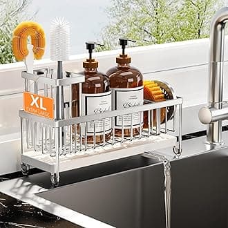 Cisily Sponge Holder for Kitchen Sink, Sink Caddy Organizer with High Brush Holder, Kitchen Countertop Organizers and Storage Essentials, Rustproof 304 Stainless Steel (Silver, 10.62″)