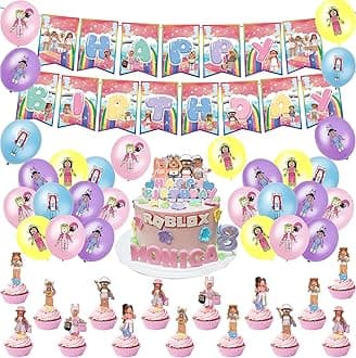 Roblox Character Birthday Party Decorations - Pink Cartoon Balloons, Cake Toppers & Banner (1pcs Banner, 13pcs Toppers, 20pcs Balloons)