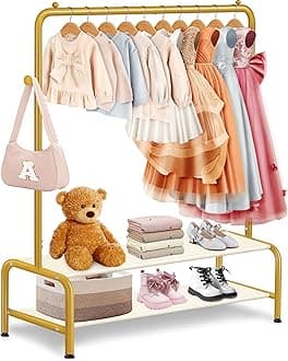 Kids Gold Clothing Rack - Dress Up Clothes Rack - Baby Toddler Closet - Freestanding Coat Racks with 2 Fabric Shelves - Small Kids Costume Wardrobe - Garment Rack for Hanging Clothes Organizer