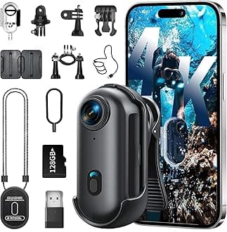 4K Mini Body Camera, Wearable Action Body Cam, Sports Action Camera，Thumb Size Hands-Free Recording Body Worn Camera, Premium Portable Camcorder Mount Anywhere for Work, Travel,Fishing(Black-128G)