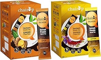 Chaizup Instant Ginger and Saffron Premix Tea - Karak Ready to Drink Chai with Low Sugar |Aromatic and Flavoured Tea | Instant Premix Tea| Masala Tea Powder | Combo Pack (10*2)