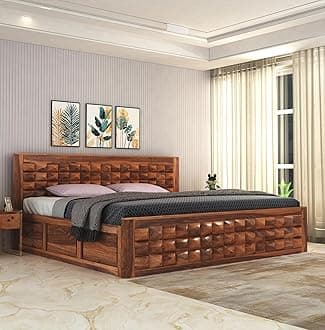 SONA ART & CRAFTS Diamond Solid Sheesham Wood King Size Bed with Storage Box + 2 Side Tables | Wooden King Size Cot Bed Double Bed with Box for Home - Natural Finish (Assembly Included)