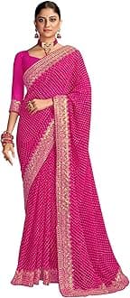 SIRIL Women's Bandhani Printed Embroidery Lace Georgette Saree with Unstitched Blouse Piece