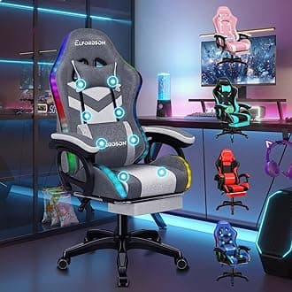 ELFORDSON LED Gaming Chair with 8-Point Massage, Swivel Office Chairs with Head Pillow Lumbar Support, Ergonomic Desk Chair with Armrests Footrest Fabric Linen, Grey