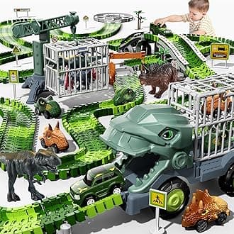iHaHa 259 PCS Dinosaur Race Car Track Toys for Kids Toddler Boys Ages 3-5 5-7, Dinosaur Race Tracks Truck Toys Include Crane, 8 Dinosaur & 6 Cars, Birthday Dinosaur Toys Gifts for 3 4 5 Year Old Boys