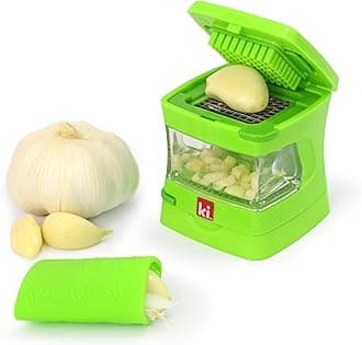 Garlic-A-Peel Garlic Press, Crusher, Mincer, and Storage Container - Includes Silicone Garlic Peeler - Easy to Clean - Stainless Steel Blades - Green