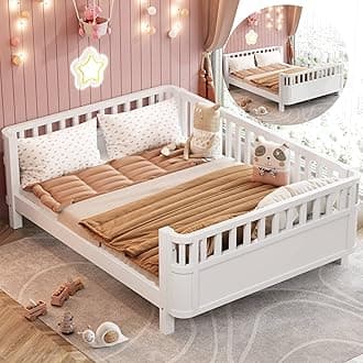 KEIKI Full Size Wooden Floor Bed, Montessori Platform Bed Frame with Low Profile & Safety Rails, Space Saving Kids Beds for Boys Girls Bedroom, No Box Spring Needed, Easy Assembly, Noise Free, White