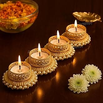 Divyakosh Metal Tea Light Candle Holder Set of 4 Pcs, Deepawali Tlight for Decoration, Diya for Home Decor| Designer Candle Holders | Diwali Gift, Gift Items |, Gold & White