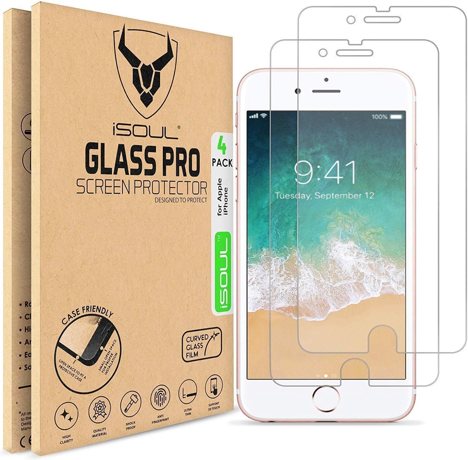 iSOUL Screen Protector for iPhone 8 and iPhone 7, iPhone 6s, iPhone SE 2020, 4.7-Inch, Case Friendly, Tempered Glass Film, 4-Pack