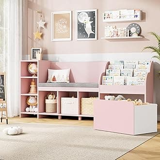 HOSTACK 67" W Kids Reading Nook with Toy Storage Organizer, Large Kids Bookshelf with Toy Storage Box on Wheels, Big Kid Bookcase with Bench and 6 Open Cubbies for Playroom, Kid Room, Pink