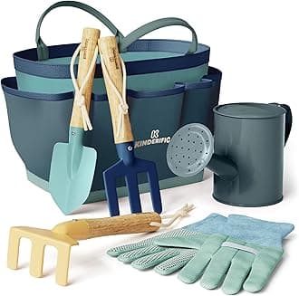 Gardening Set, Tool Kit, for Kids, STEM, Includes Tote Bag, Spade, Watering Can, Rake, Fork, Trowel and Gloves (Ocean Blue)