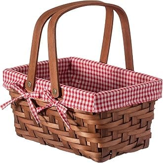 Wickerwise Small Rectangular Woodchip Picnic Baskets with Double Folding Handles, Natural Hand-Woven Basket Lined with Gingham Red and White Lining Great for Gifts