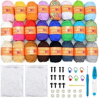 24 Pack Beginners Crochet Yarn Blue Pink Purple Brown Rainbow Cotton Crochet Yarn for Crocheting Knitting Beginners with Easy-to-See Stitches Beginner Crochet Kit-24x25g