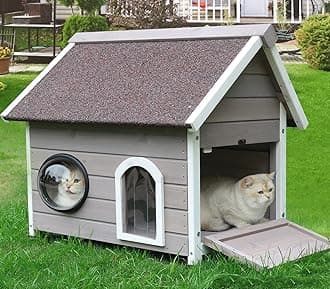 Rockever Outdoor Cat House, Waterproof Feral Cat House for Outdoor Cats with Escape Door and Clear Windows for 2 Cats (Grey)