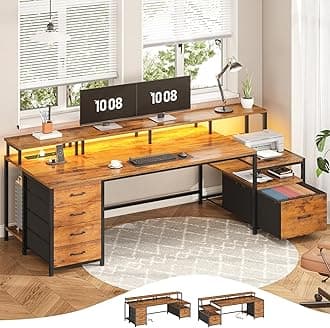 Home Office Desk with File Drawer & Power Outlet, 75'' Large Computer Desk with 5 Drawer, Storage Shelves, Monitor Shelf and Led Lights, 23.6" W Desktop Gaming Desk, Rustic Brown