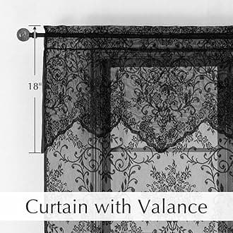 WUBODTI Gothic Black Lace Curtains with Attached Valance, Victorian Vintage Black Sheer Curtain Witchy Room Decor Floral Embroidered Curtains for Living Room Bedroom, 60" W x 72" L