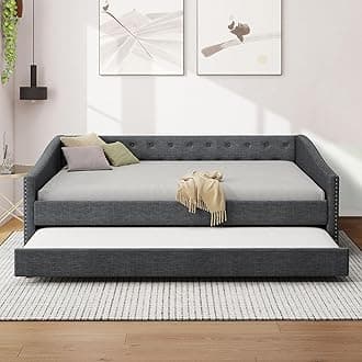 Full Size Upholstered Daybed with Trundle,Tufted Sofa Bed w/Button on Back and Piping on Waved Shape Arms for Bedroom Guest Room, No Box Spring Needed,Dark Gray