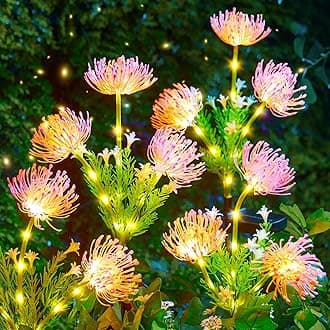 Brightown Outdoor Solar Garden Lights - 4 Pack LED Flower Lights with Glowing Flowers & Stems, Realistic, Bigger Solar Panel, Waterproof for Yard Patio Home, Pink