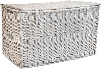 Arthur Cameron - Lightweight Wicker Storage Trunk, Storage Box with Lid & Leather Straps - Woven Chest, Basket, Large Wicker Basket with Lid (White Wash, Medium)