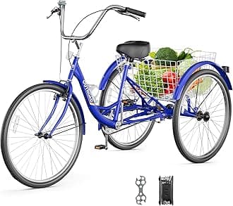 Outroad Adult Tricycle, 24/26 inch 1 Speed Cruiser Trike, 3 Wheel Bikes with Large Basket for Seniors, Women, Men, Adult Trikes for Shopping Picnic Outdoor Sports,Red Blue