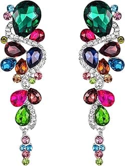 Bohemian Teardrop Cluster Crystal Diamante Clip-On Long Drop Dangle Chandelier Earrings, Statement Earrings for Costume, Wedding Bridal Jewellery for Brides