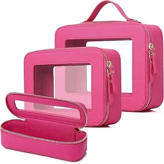 Travel Makeup Set Waterproof Transparent Cosmetic Bag and Toiletry Bag Makeup Brush case with Zipper Car Essentials for Women (Fuxia, L+M+SLIM)