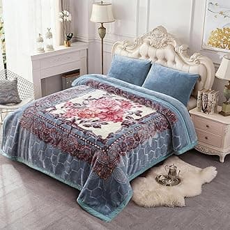 JML Korean Style Fleece Blanket King Size, 87" x94", 10.5 Pounds, Plush Raschel Heavy Blanket for Winter, 2 Ply A&B Floral Printed, Silky Soft Thick Warm (Grey-Blue Peony)