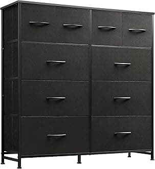 WLIVE Dresser for Bedroom with 10 Fabric Drawers, Tall Chest Organizer Units for Clothing, Closet, Storage Tower with Cabinet, Metal Frame, Wooden Top, Black Dresser for Living Room