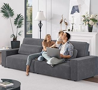 HIFIT 105" Modern Grey Sofa Couches for Living Room, Comfy Corduroy Fabric Couch w/28 Deep Seat & Fluffy Cushion, 4-Seater Home Sofa Living Room Furniture for Office with 2 Pillows, Solid Wood Frame