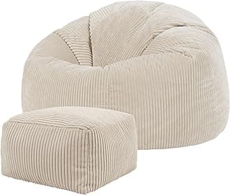 Kingston Cord Bean Bag Chair and Pouffe, Stone Beige, Large Lounge Chair Bean Bags for Adult with Filling Included, Jumbo Cord Adults Beanbag, Boho Room Decor Living Room Furniture