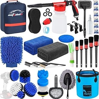 AUTODECO 38Pcs Car Wash Detailing Kit Cleaning Kits with Foam Gun Sprayer Collapsible Bucket Drill Brush Large Wash Mitt Towels Complete Interior Exterior Car Washing Supply Set Blue