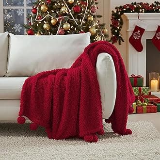 HORIMOTE HOME Ultra Soft Sherpa Throw Blanket with Pompom Fringe, Lightweight Plush Boho Throw Blanket for Couch, Sofa, Bedroom,Travel, Christmas Decor, Warm Blanket for Winter, 60"x80", Red