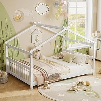 KOMFOTT Full Floor House Bed with Headboard & Footboard, Wood Floor Bed Frame with Roof for Boys & Girls, No Box Spring Needed, Wooden Montessori Bed Full Size (White)