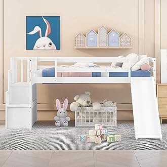 Bellemave Low Loft Bed for Kids,Twin Size Loft Bed with Slide and Storage Staircase,Wood Loft Bed Frame for Boys Girls Teens(White)