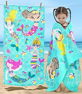 VOOVA & MOVAS Mermaid Beach Towel for Toddler, 28"X54",330GSM, Large Soft Absorbent Cotton Pool Towels for Toddler,Ideal for Swim, Surf, Beach, Bathroom and Camping