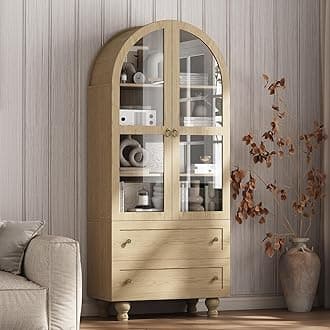 71" Arched Pantry Cabinet, Modern Display Cabinet with 2 Large Drawers & Adjustable Shelves, Wooden Storage Cabinets with Glass Door for Kitchen, Dining Room, Living Room, Natural