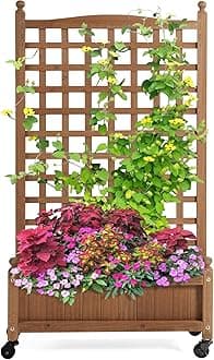 Yaheetech Raised Bed Fir Wood Raised Garden Bed Planter Box for Vine Climbing Plants with Trellis and Wheels