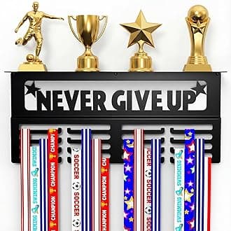 AGATHOS HOME Medal Hanger Display with Trophy Shelf - Metal Awards Rack for Walls Holds 64+ Sports Medals- Our Never Give Up 16" Medal Holder Awards Trophy Display