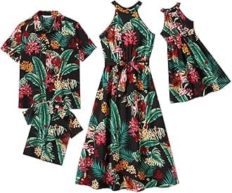 PATPATFamily Matching Outfits Mommy and Me Dresses Leaf Print Spaghetti Strap Casual Sleeveless Matching Outfits
