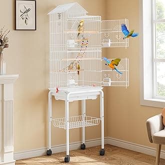 62 inch Metal Bird Cage, Large Parakeet Cages for Parrot, Cockatiel, Lovebird, Pigeon with Roof Top, Rolling Stand and Hanging Accessories, White