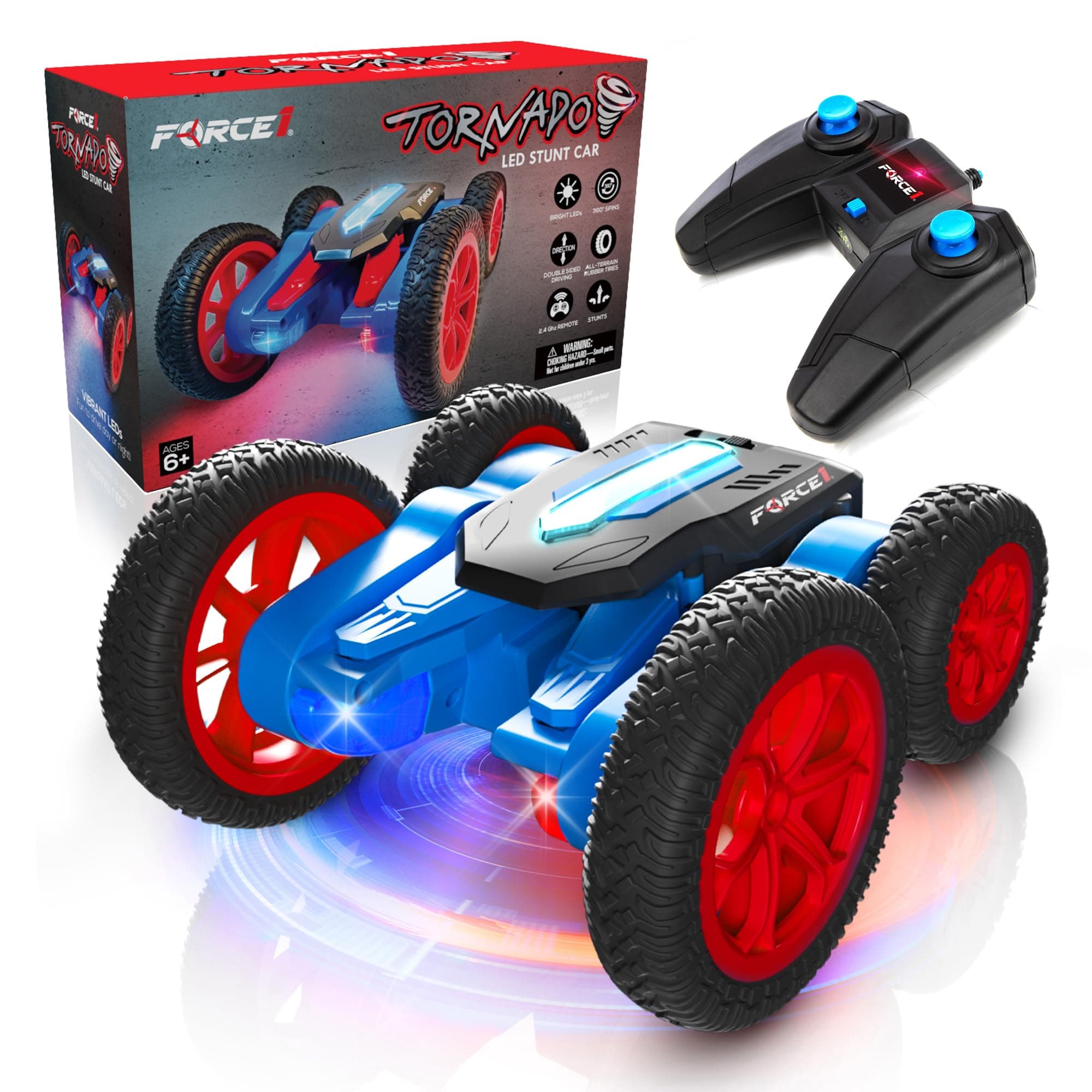 Tornado Red LED Remote Control Car for Kids - Double Sided Fast RC Car, 4WD Off-Road Stunt Car with 360 Flips, All Terrain Tires, LEDs, RC Crawler Rechargeable Toy Car Battery, Kids Car Remote