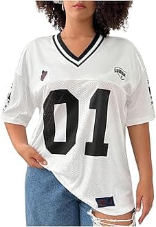 Women's Plus Size Football Jersey Shirts Oversized T Shirt Graphic Letter Print V Neck Short Sleeve Streetwear Top