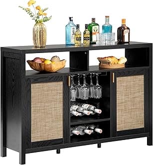 SICOTAS Rattan Coffee Bar Cabinet, 51" Sideboard Buffet Cabinet with Storage, Modern Liquor Cabinet with Wine Racks Credenza Console Buffet Table for Home Living Dining Room Entryway, Black