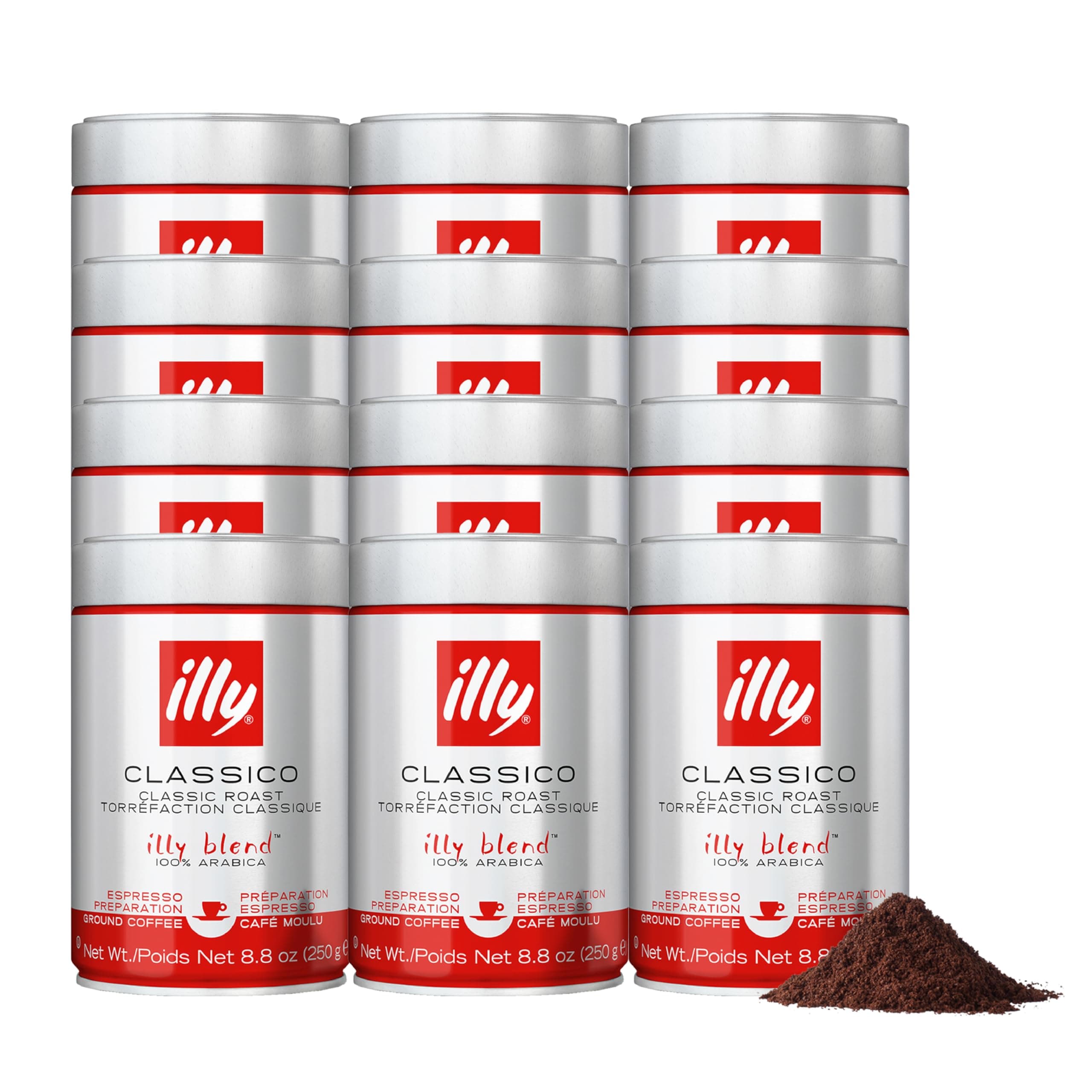 illyGround Espresso Coffee, Classico Medium Roast - Mild & Balanced - 100% Arabica - Pre-Ground for Espresso - Pressurized Packaging Sealed for Freshness - 8.8oz (Pack of 12)